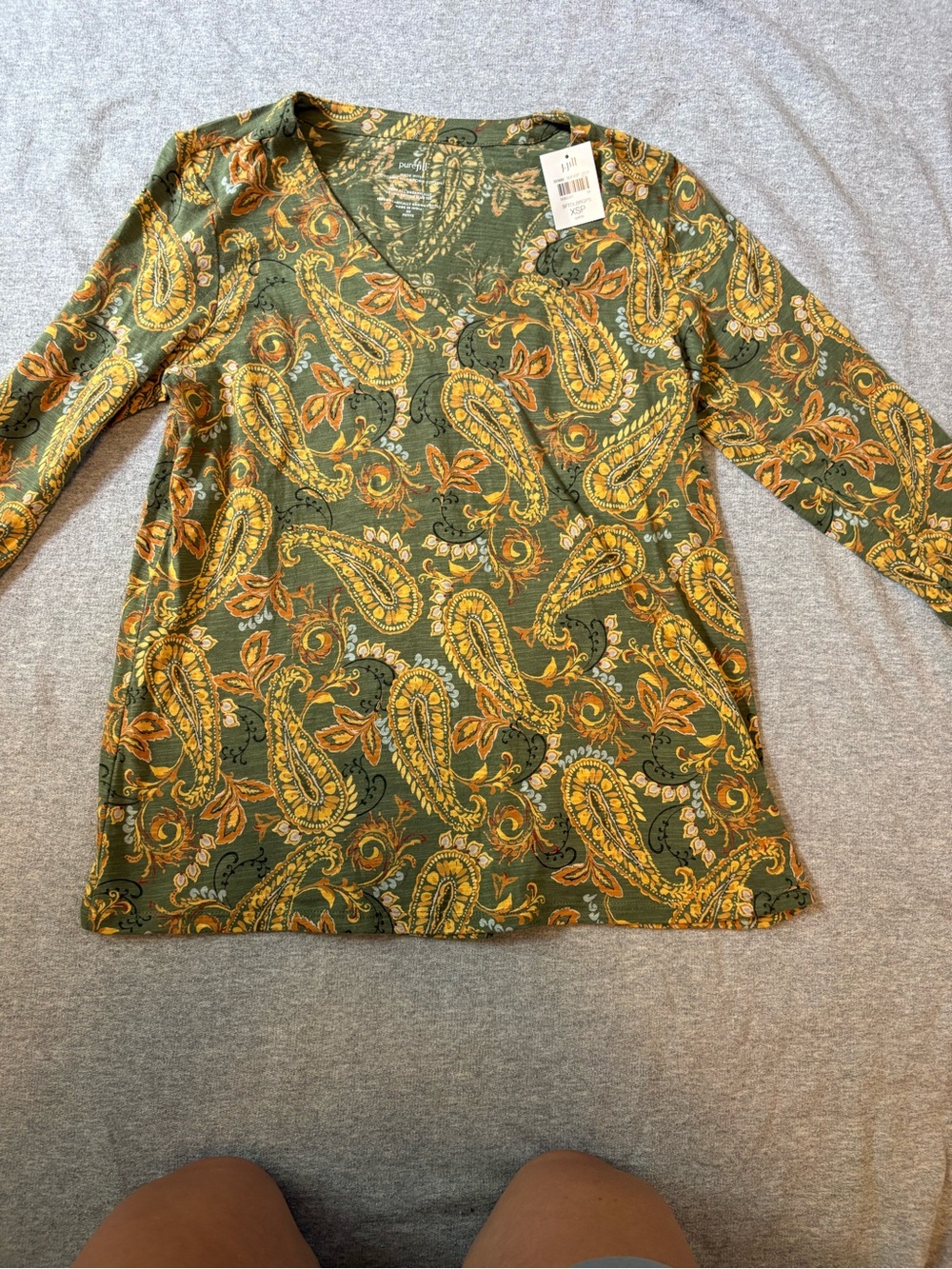 J. Jill Olive Green Paisley V-Neck Long Sleeve Top with Yellow Accents